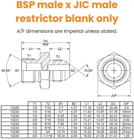 1/4 BSP x 7/16 JIC M/M RESTRICTOR BLANK Hydraulic Adaptor